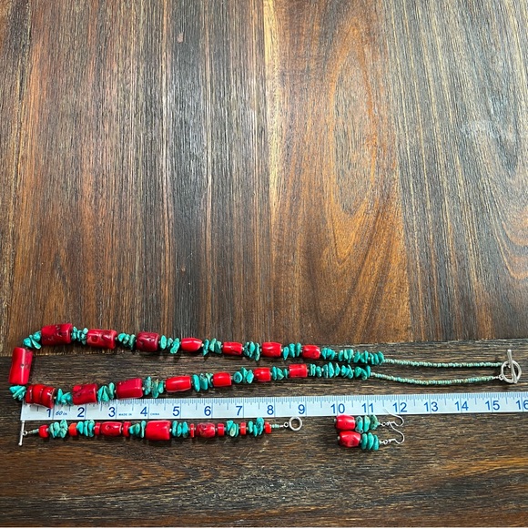 Real Turquoise Red Coral Necklace Bracelet Earring 3 pc set blue green handmade - Picture 15 of 16